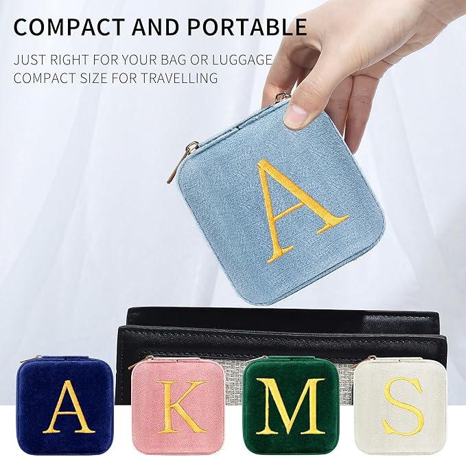 Parima Plush Velvet Travel Jewelry Case Jewelry Box - Personalized Monogram Jewelry Case Organizer Jewelry Boxes for Women Birthday Mom Friends Teen Girls Teenage Gifts Idea - Letter D, Blue