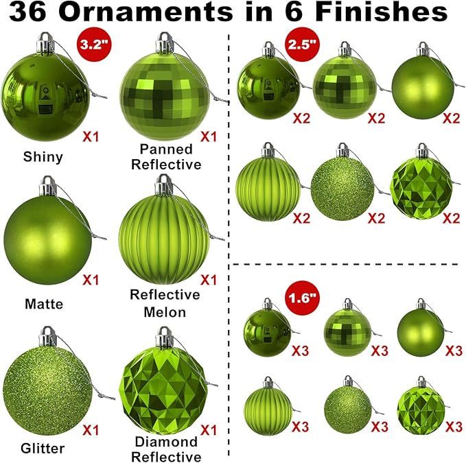Lime Green Christmas Ornaments - Christmas Tree Decorations Shatterproof Hanging Balls for Birthday Wedding Holiday Decor Set of 36pcs, Multi-Sizes(1.6",2.5",3.2")
