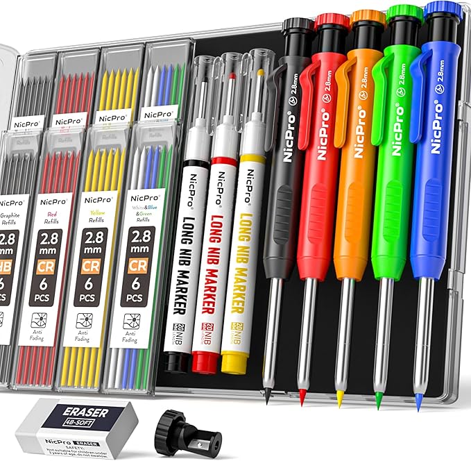 Nicpro 5 Pack Carpenter Pencils with Sharpener, Construction Mechanical Pencil with 53 Refills, Heavy Duty Marking Tools, Long Nib Marker Pens for Architect Marking (Black, Red, Orange, Green, Blue)