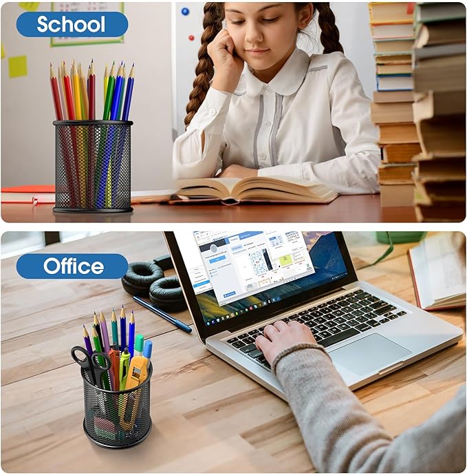 MaxGear Pen Holder, 3 Pack Pencil Holder for Desk, Premium Mesh Metal Desk Organizer with Non-Slip EVA Pad, Desk Accessories & Workspace Organizers for Home, School & Office, Black, 3.7’’ Tall