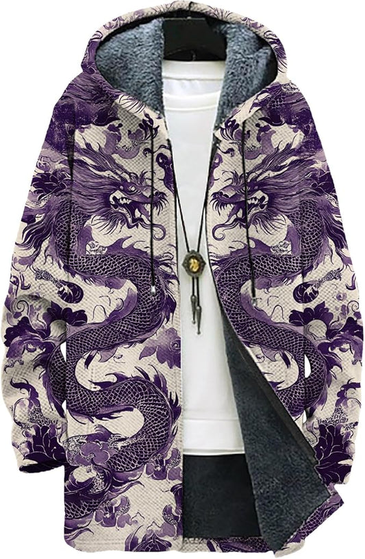 MARSVOVO Mens Cardigan Sweater Cool Graphic Lined Fleece Long Coat Zip With Pockets Fashion Coat Warm Fitted Jacket