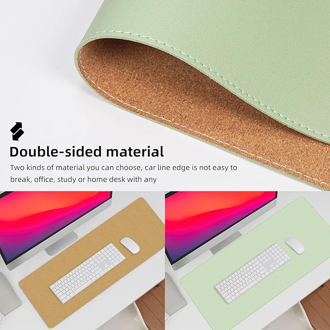 Leather Desk pad Protector, Large Desk mat with Natural Cork & PU Leather,Mouse pad,Non-Slip Office Desk Mat,Waterproof Desk Writing Pad for Office and Home (47in*17in, Light Green)