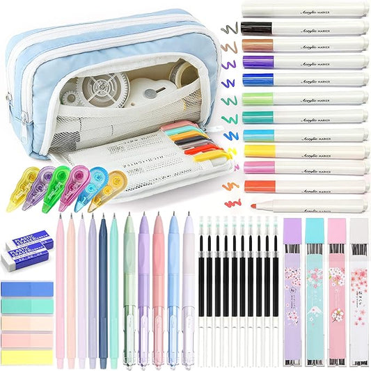 42 PCS Aesthetic School Supplies with Large Pencil Case, 12 Marker Pens with box, 5 Black Ink Gel Pens, 6 Mechanical Pencils Set, Sticky Notes, Complete Essentials Stationery Kit for Students