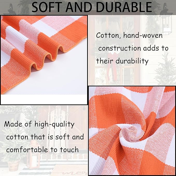 Orange and White Plaid Rug, 28'' x 43'' Fall Front Door Decor Mat, Cotton Washable Hand-Woven Door mat for Layered Doormat, Autumn Halloween Thanksgiving Carpet for Porch, Entryway