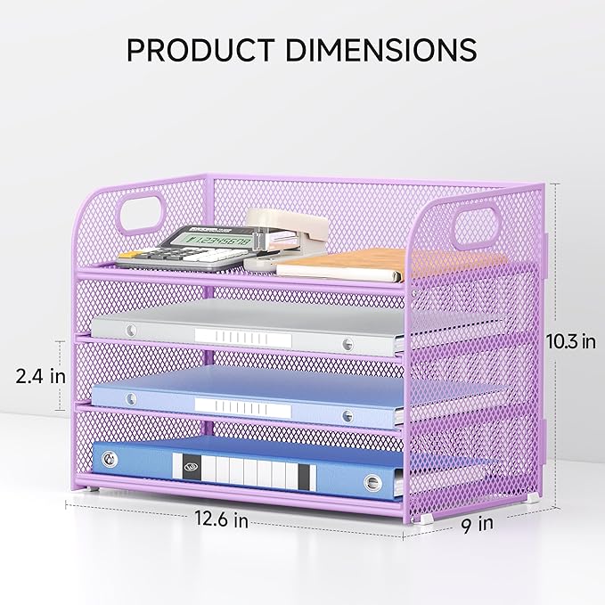 Lavatino 4-Tier Paper Organizer Trays - Purple Mesh File Folder Sorter with Handles, Desk Letter Holder Organizer for Office, Home, School Supplies Storage & Organization