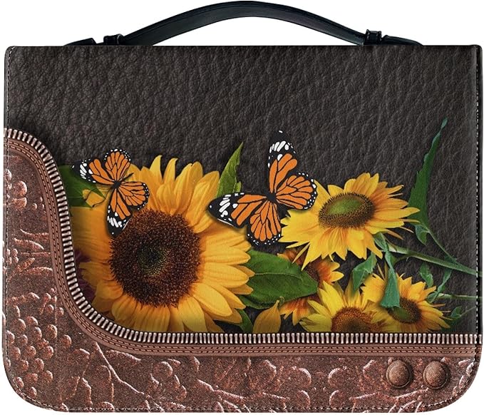 Lotusorchid Bible Covers for Women Men PU Leather Bible Case, Portable Sunflower Butterfly Bible Bag Tote Book Carrying Case Christian Bible Accessories with Handle Pocket, Brown,L