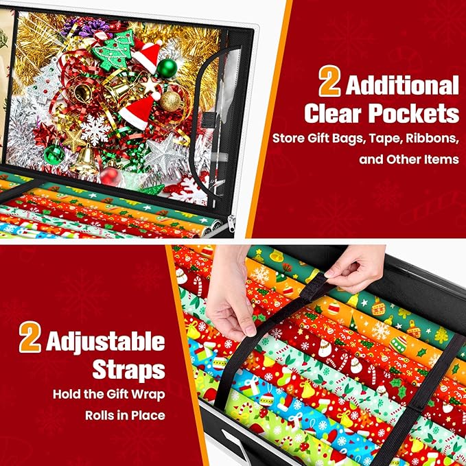 Wrapping Paper Organizer Storage, Christmas Wrapping Paper Storage for Christmas Decorations, Ribbon, Accessories, Underbed Gift Wrap Container with Flexible Partition, Interior Pockets(Black)