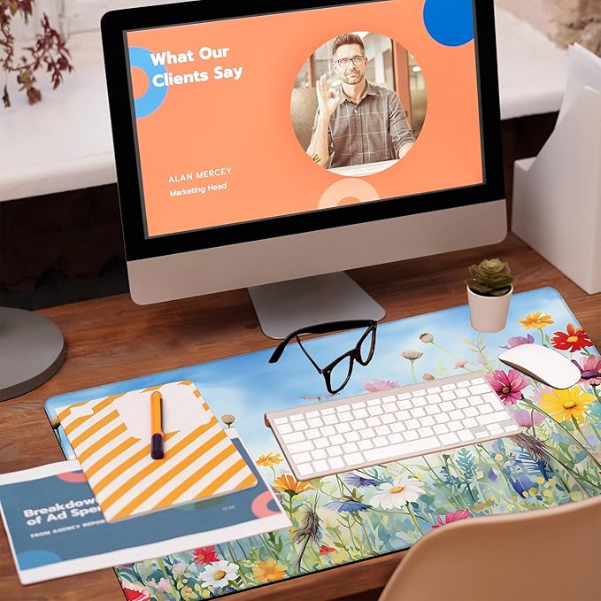 Large Gaming Mouse Pad, Colorful Wildflowers in Field Desk Mat, Watercolor Flowers Desk Pad, 31.5"x15.7" Extended Big Computer Keyboard Mouse Pad with Non-Slip Base and Stitched Edge