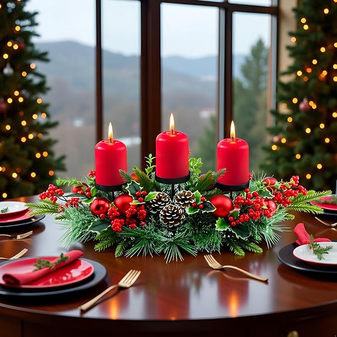 YULETIME 28" Christmas Triple Candelabrum, Holiday Candle Holder with Three Trays, Red Baubles, Natural Pine Cones, Red Berries, Green Leaves Holly, Spruce Branches, Pine Needles