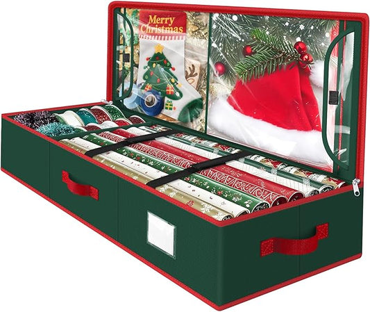 Wrapping Paper Organizer Storage, Christmas Wrapping Paper Storage for Christmas Decorations, Ribbon, Accessories, Underbed Gift Wrap Container with Flexible Partition, Interior Pockets(Green)