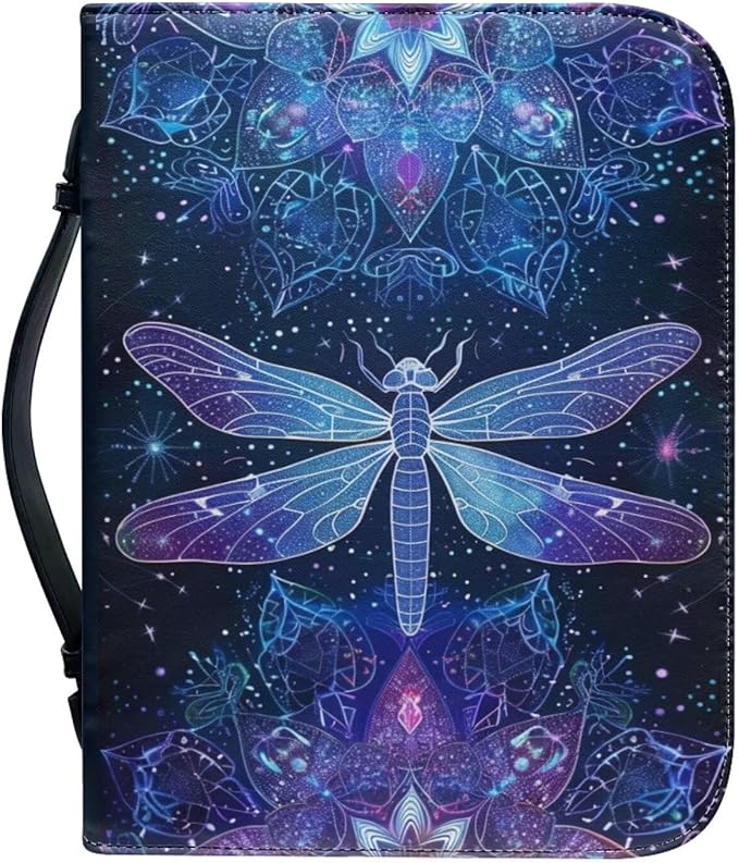 Lotusorchid Dragonfly Print Bible Covers for Women PU Leather Bible Case, Portable Bible Tote Bag Bible Book Carrying Case Christian Bible Accessories with Handle Pocket, Blue, L