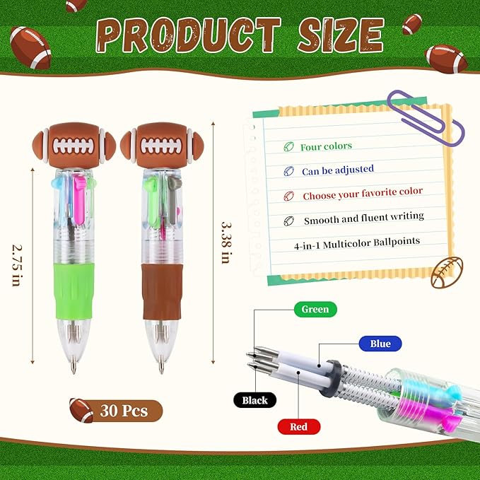 CZWZ 30Pcs Mini Multicolor Pens in One 4-in-1 Cute Pens Bulk for Kids, Ballpoint Pen for Birthdays and Children's Parties, Fun Gifts Assorted Ink Kawaii Pen(Football)