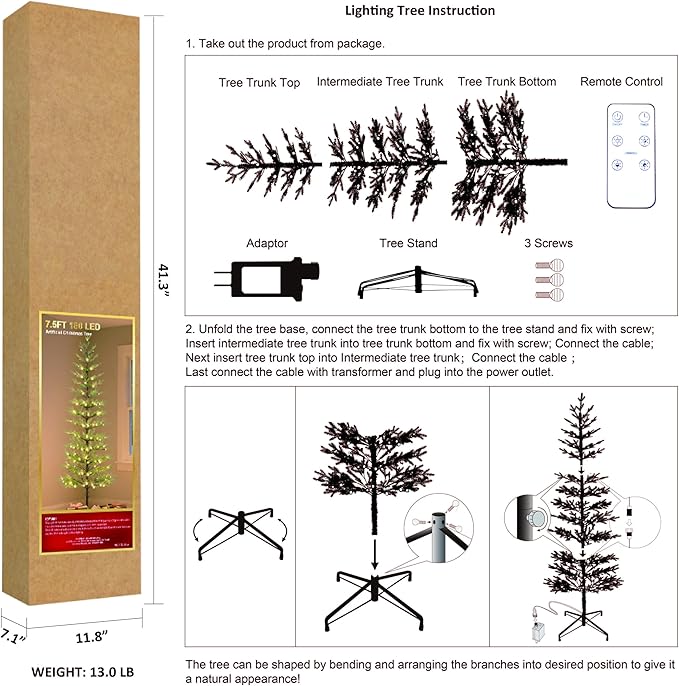 Lightshare 6FT 132L Warm White Pine Needle Christmas Tree with Ornaments, Remote & Dimmable Transformer