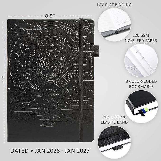 Legend Hourly Schedule Planner PRO Dated Jan 2026-Jan 2027 – Deluxe Weekly & Daily Organizer with Time Slots. Appointment Book Journal for Work & Time Management, A4 Hardcover, Black