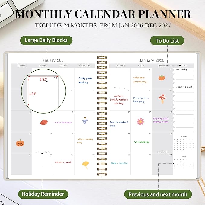 Monthly Planner 2026-2027 - 2 Year Monthly Planner Calendar 2026-2027, Jan. 2026 - Dec. 2027, 7.3" * 9.5", 24 Months Calendar Planner with Note Pages, for Office, School Home Planning - White