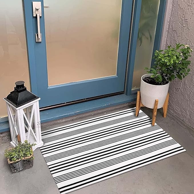 OJIA Christmas Front Door Mats Outdoor 24"x35", Cotton Woven Holiday Doormat Front Door Rug Washable Indoor Door Mat Black and White Outdoor Rugs Striped Rug for Porch Decor/Farmhouse/Entryway