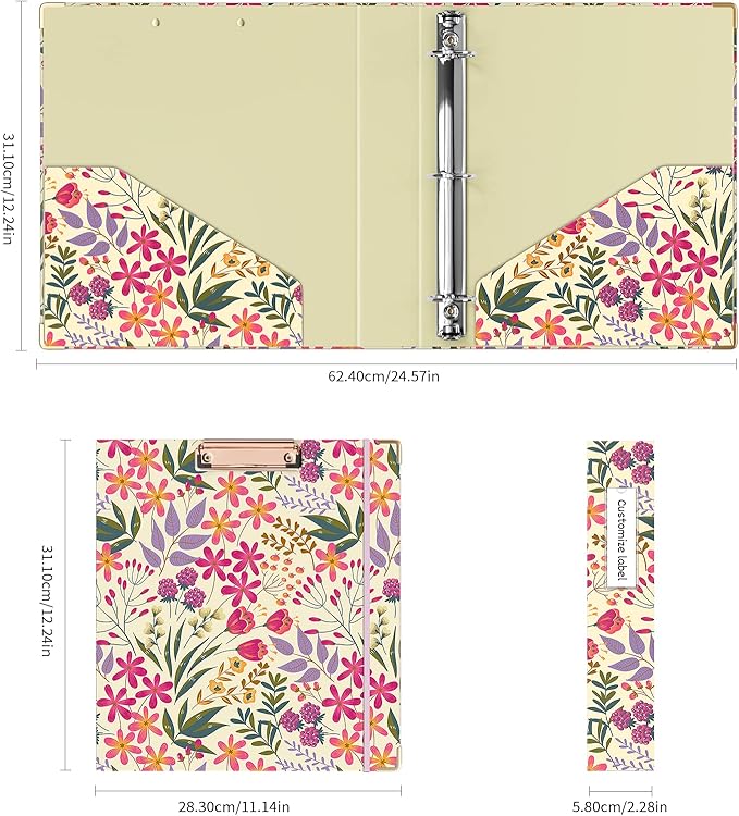 Ospelelf 3 Ring Binder, 1.5 Inch, Cute Floral Binder for Letter Size (11" x 8.5") with 5 Tab Dividers, File Folder Labels and Low Profile Clipboards