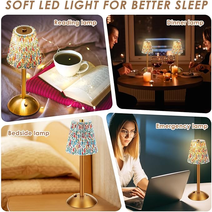 Liliful 2 Pcs LED Portable Cordless Table Lamp Touch Battery Operated Rechargeable Gold Desk Lamp 3 Color Dimmable for Bedroom Living Room Dining (Gold,Floral Style)