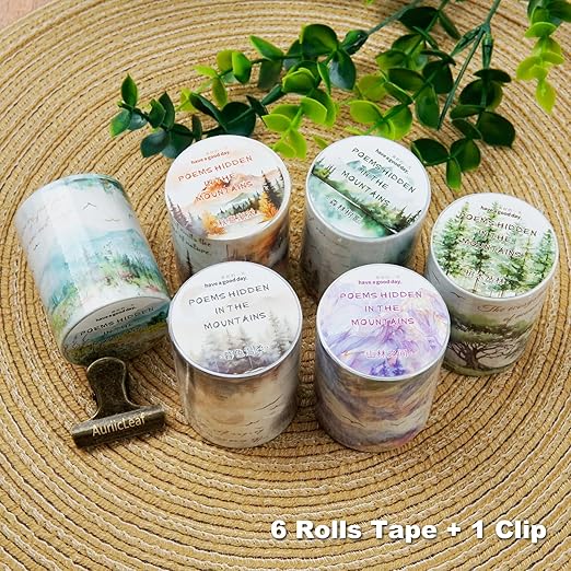 Mountain Forest Washi Tape Set, 6 Rolls with Poetic Text and Gold Foil Accents, Includes Clip for Scrapbooking, Journaling, and Planner Supplies