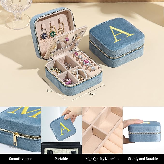 Parima Travel Jewelry Case Organizer - Personalized Plush Velvet Small Initial Jewelry Box for Women Friends Teenage Girls Gifts Idea, Blue