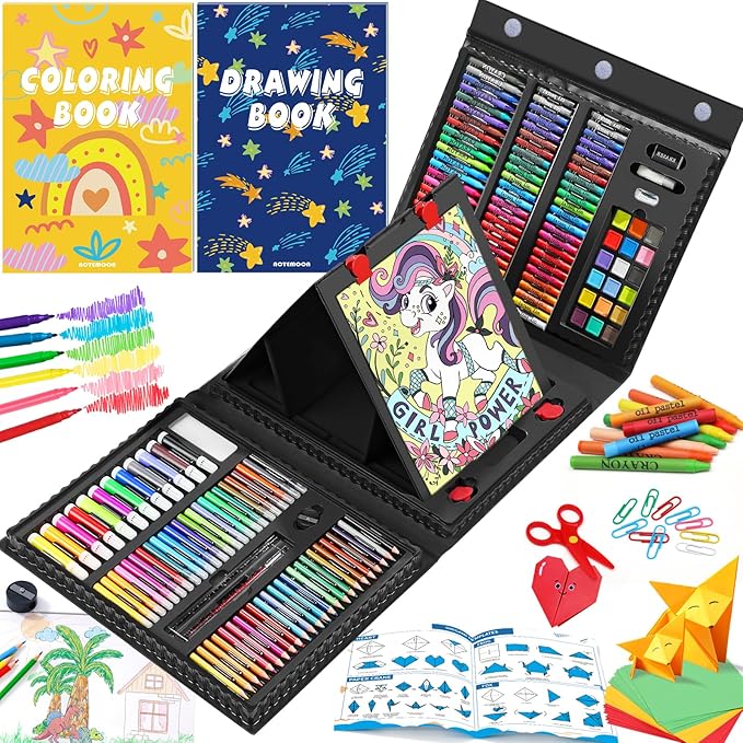 All in One Art Supplies, Art Kit Includes Easel, Origami Paper, Colored Pencils, Crayons, Drawing Book, Coloring Book, Watercolor Pens, Markers and Oil Pastels, Gifts for Girls Boys Teens, Black
