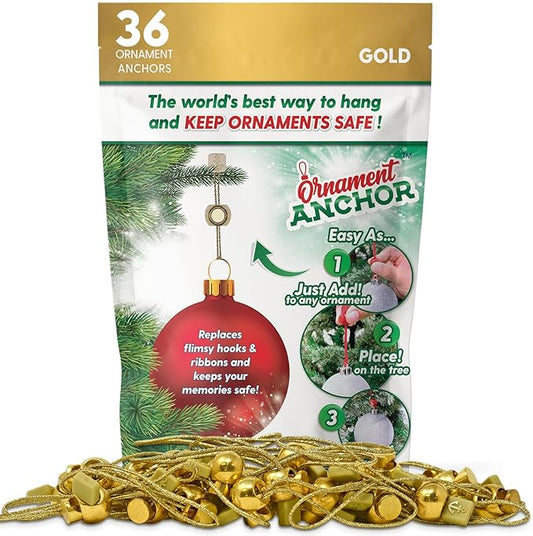 ORNAMENT ANCHOR Ornament Hooks for Hanging Christmas Decorations - No-Slip Hanging Hooks for Xmas - Heavy Duty Christmas Tree Ornaments Hanger Hooks for Large 36 Gold