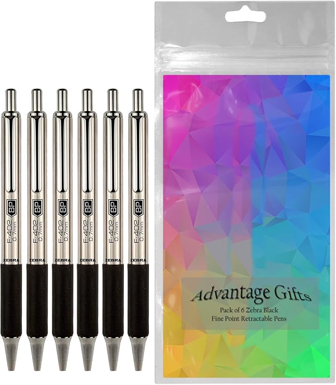 Zebra F-402 Ballpoint Stainless Steel Retractable Pen, Fine Point, 0.7mm, Black Ink, 6-Count Bundle with Plastic Reusable Pouch