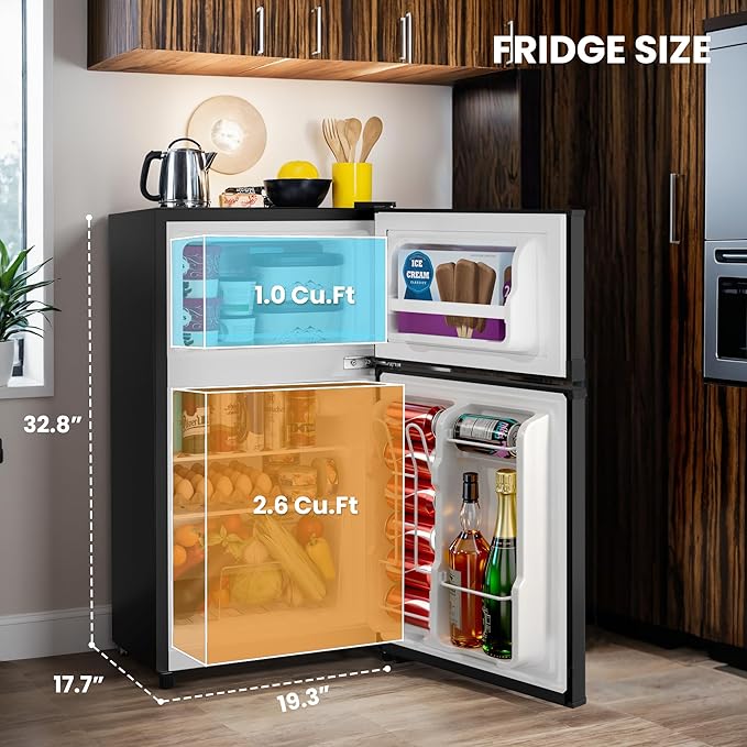 Manastin 3.6 Cu.Ft Mini Fridge with Freezer, Small Refrigerator with 2 Doors for Kitchen, Dorm, Office and Bedroom, Mini Refrigerator with Adjustable Shelves (Black)