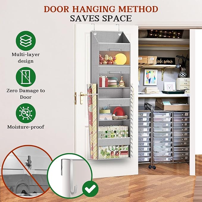 Ofiray-home Light Grey Over Door Wrapping Paper Organizer Storage with 3 Removable Drawers & Side Pockets –Dual Use Design with Elastic Straps Wrap Storage for Ribbons,Bows,Ornament and Other Tools