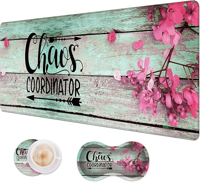 Large Gaming Mouse Pad + Wrist Rest + Coffee Coaster, Extended Waterproof Desk Mat with Stitched Edge 31.5"x11.8", Non-Slip Keyboard Desk Mat Pad for Office & Home, Quote Chaos Coordinator
