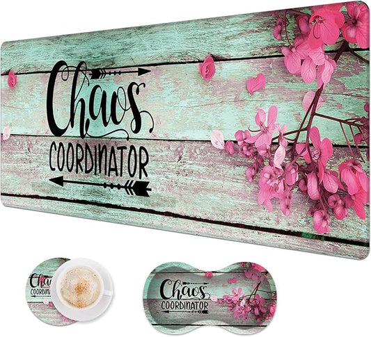 Large Gaming Mouse Pad + Wrist Rest + Coffee Coaster, Extended Waterproof Desk Mat with Stitched Edge 31.5"x11.8", Non-Slip Keyboard Desk Mat Pad for Office & Home, Quote Chaos Coordinator