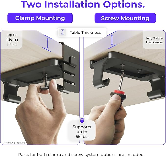 Ascrono Original No Drill Under Desk Cable Management Tray 27.3" - Premium Black Fabric Cable Management Under Desk - Clamp/Screw Mount Cord Organizer - Supports Upto 66lbs