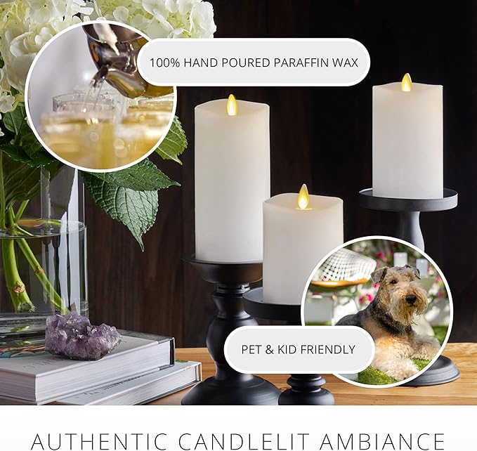 Luminara Realistic Flameless LED Candle White Set of 3, Battery Operated with Remote Control, Moving Flame Pillar Timer Funtion Melted Top Safe