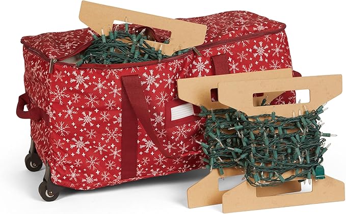 Covermates Keepsakes Rolling Christmas Light Storage Bag - Carrying Handles, ID Window, Dual Wheels - Holiday Storage, Red Snowflake