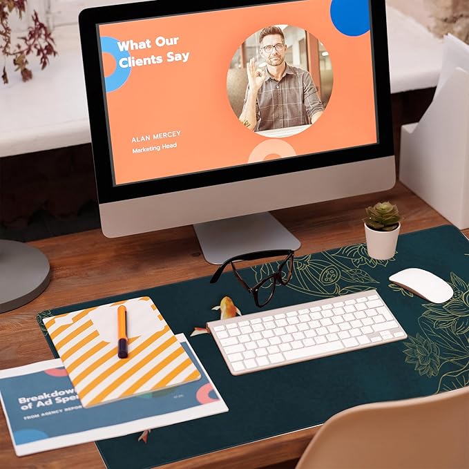 Large Gaming Mouse Pad, Koi Fish Ink Painting Desk Mat, Golden Line Lotus Desk Pad, Extended Big Computer Keyboard Mouse Pad with Non-Slip Base and Stitched Edge, 35.4"x15.7"