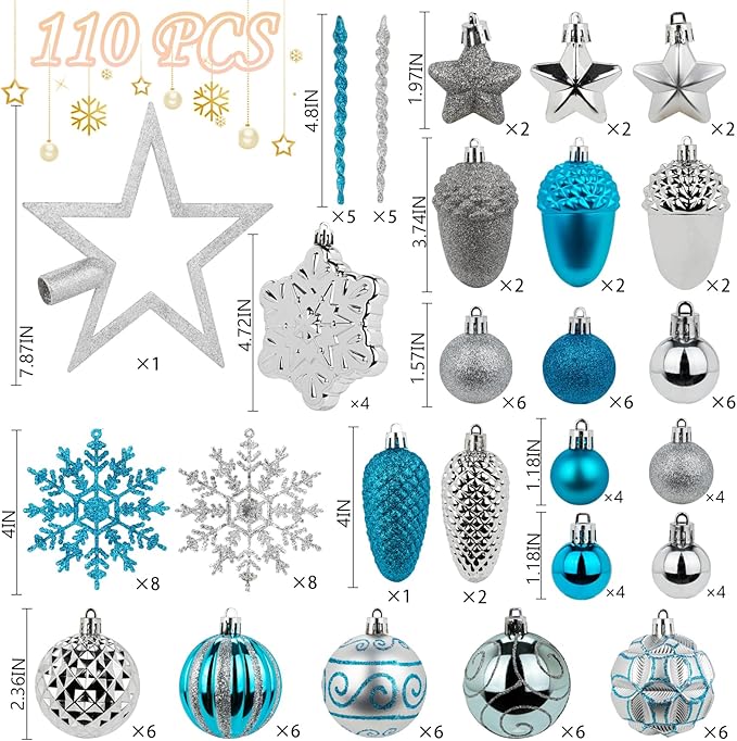 Light Blue and Silver Christmas Ornaments Set, Assorted 110Pcs Balls Ornaments for Xmas Tree, Shatterproof Plastic Baubles Hanging Decorations for Holiday/Party/Wedding