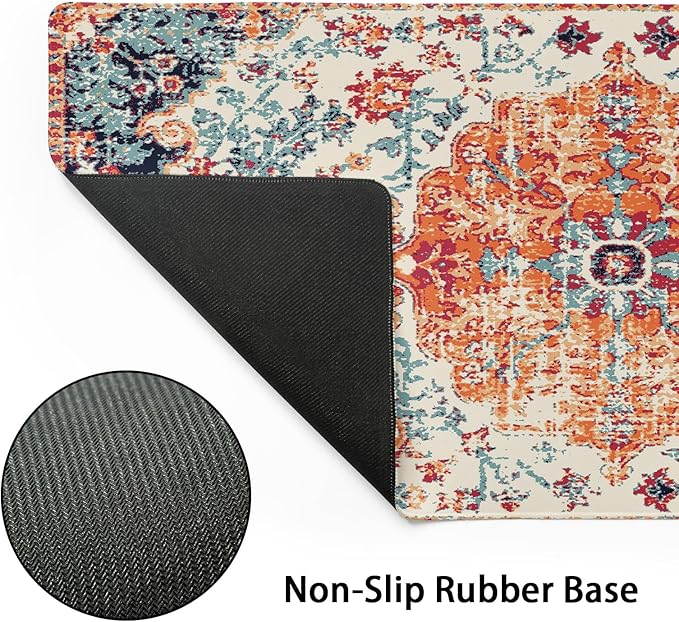 Orange Teal Boho Gaming Mouse Pad XXL Vintage Rug Bohemian Extended Large Desk Mat Big Mousepad Non-Slip Rubber Base Stitched Edge Long Mousepad for Desktop Office PC Gamer, 35.4 x 15.7 Inch