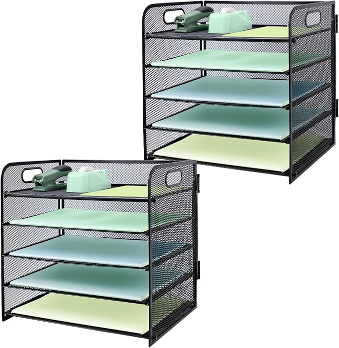 Paper Letter Tray with Handle, 2 Pack 5 Tier Metal Mesh Desk File Organizer, A4 Paper Desktop Filing Trays, Desk Tidy Magazine Document Holder for Home Office, Black