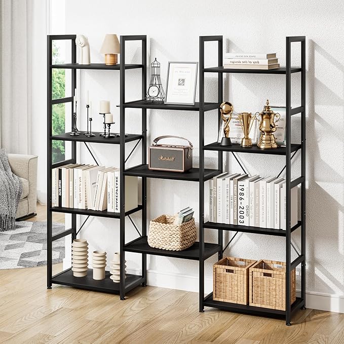 NUMENN Triple Column 4 Tier Bookshelf, Bookcase with 11 Open Display Shelves, Adjustable Rustic Industrial Style Book Shelves, Modern Bookshelves for Bedroom, Living Room and Home Office, Black