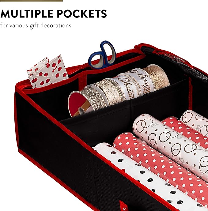 ZOBER Premium Storage Container, with Interior Pockets, fits 18-20 Standard Rolls, Gift Wrap Organizer and Under Bed Storage Bin for Bows, Ribbons, and Wrapping Paper, 40” Length - Tear-Proof Fabric