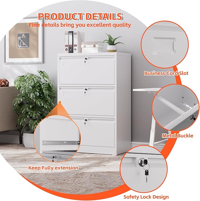 METAN Upgrade Metal 3 Drawer Lateral Files Cabinet for Home Office, Lockable Steel Wide File Storage Cabinet for Hanging Legal/Letter A4 Size, Assembly Required,White