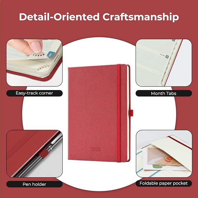 IN-LUXPRO Weekly Monthly 2026 Planner (Jan.26-Dec.26),8.5"x6.5",12 Months Agenda Plan with Month Tabs & Pocket,Expenses/Note Pages, Appointment Book Calendar with Hardcover Vegan Leather Cover,Red