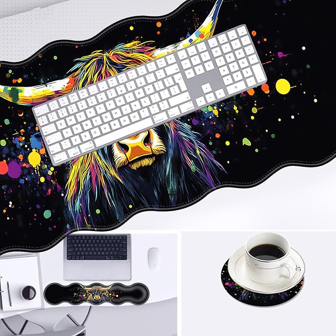 Large Mouse Pad and Keyboard Wrist Rest, Desk Pad for Keyboard and Mouse, 4-in-1 Large Gaming Mouse Pad with Wrist Support, Desk Mat for Home Office Study Game-Colorful Highland Cow