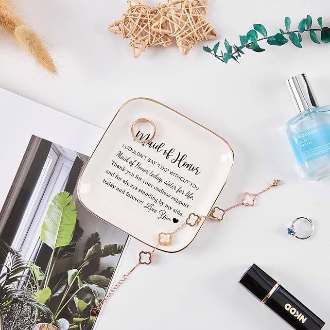 Maid of Honor Gifts Ring Jewelry Dish - Maid of Honor Today, Sister for Life, Bridesmaid Proposal Gifts for Wedding Day Matron of Honor Gifts from Bride