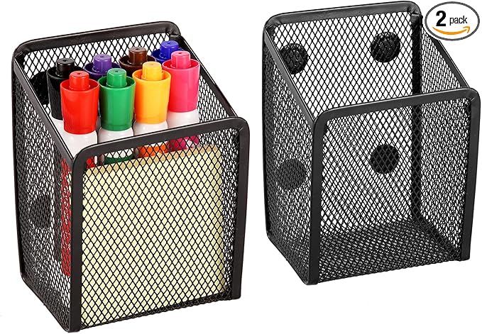 Magnetic Pencil Holder - Extra Strong Magnets Mesh Marker Holder Perfect for Whiteboard, Refrigerator and Locker Accessories (1 Basket, 2 Packs Black)