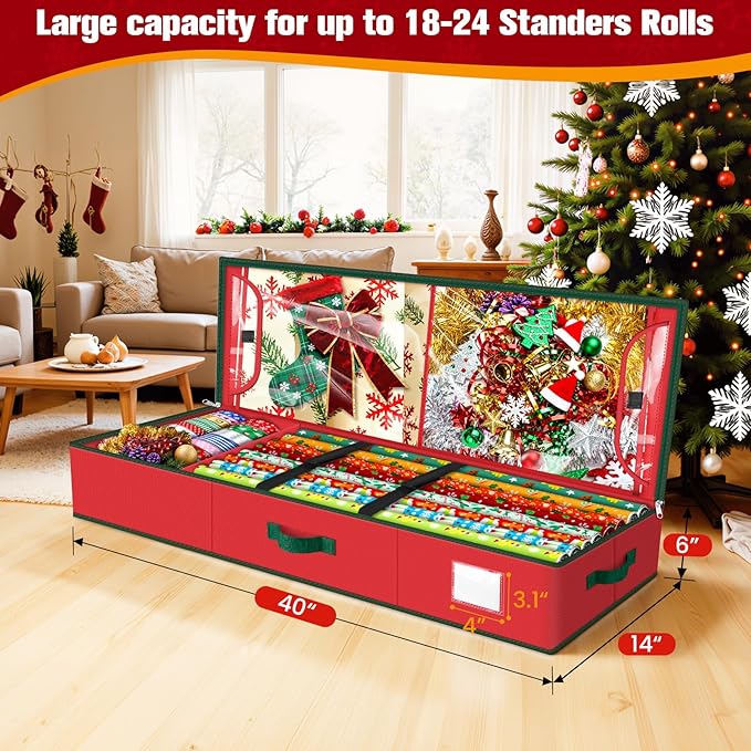 Wrapping Paper Organizer Storage, Christmas Wrapping Paper Storage for Christmas Decorations, Ribbon, Accessories, Underbed Gift Wrap Container with Flexible Partition, Interior Pockets(Red)