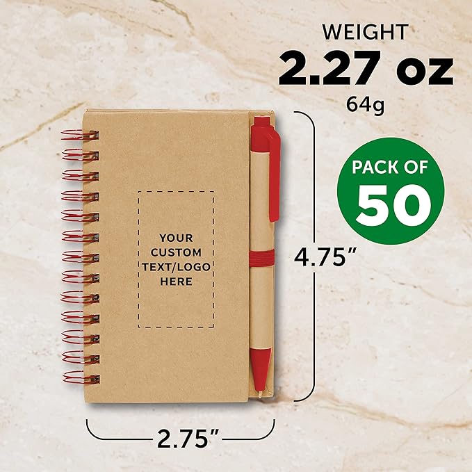 Custom Mini Spiral Notebooks with Black Ink Pens Set of 50, Personalized Bulk Pack - Perfect for School, Office, Business, Home - Red