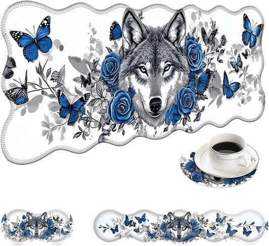 Large Mouse Pad and Keyboard Wrist Rest, Desk Pad for Keyboard and Mouse, 4-in-1 Large Gaming Mouse Pad with Wrist Support, Desk Mat for Home Office Study Game-Wolf Butterflies