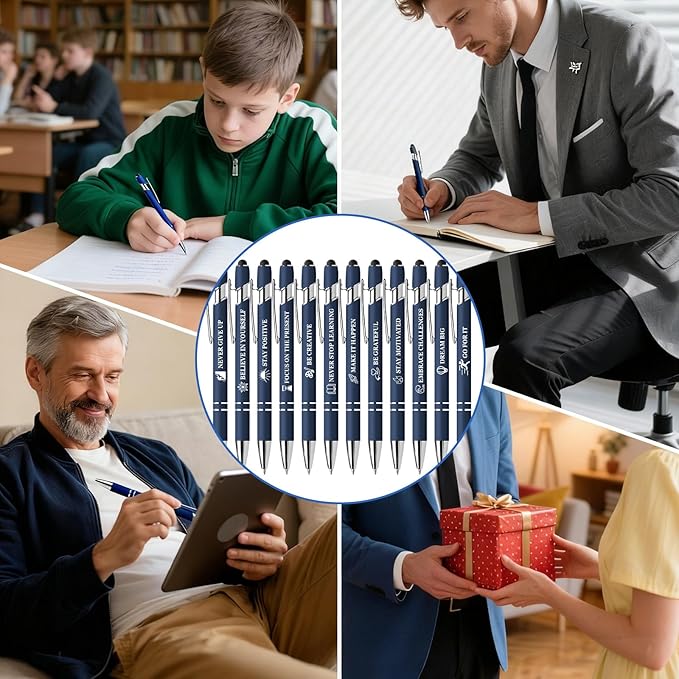 Inspiring Pen Set - 12 Inspirational Quote Ballpoint Pens with 12 Refills, Blue Ink - Motivational Gifts for Office & School | Encouragement Gifts for Men & Women, Deepblue
