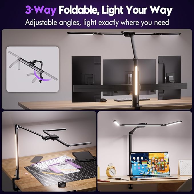 Quntis 32.5" Architect Desk Lamps for Office Home Dorm - Eye Care 3 Light Bar 1100LM Bright, Ambient Backlight, Radar Sensor, Remote Control, 2H Timer, Workbench Drafting Reading Video Conference Task